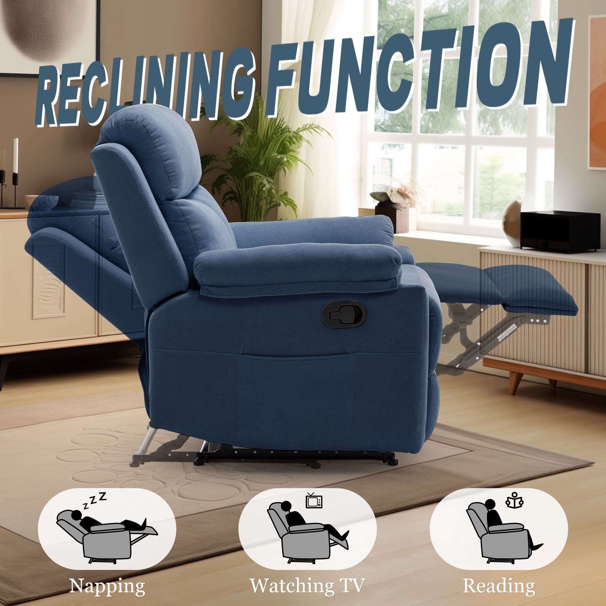 Korser Manual Small Recliner Chair for Small Spaces for Living Room,Corduroy,Blue