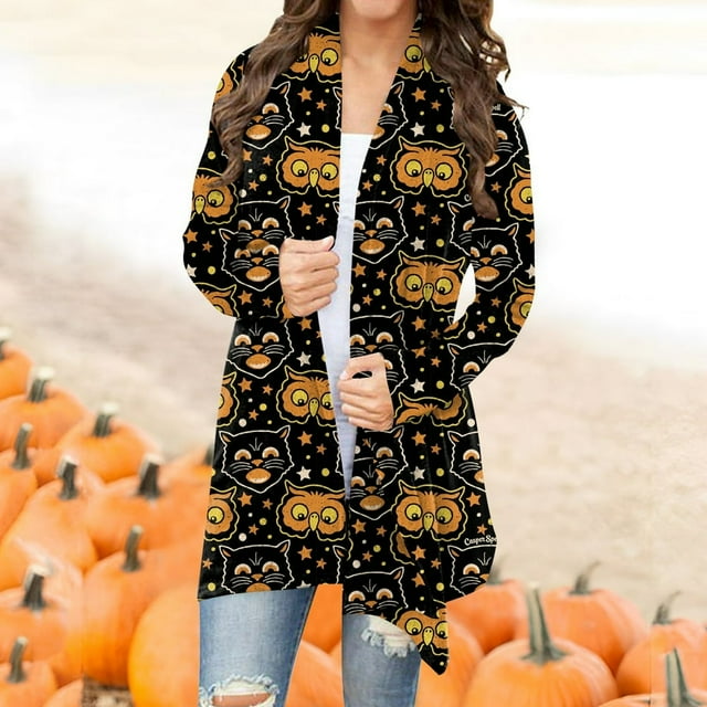 Women‘s Halloween Cardigan Sweater Skull Pumpkin Print Pattern Long Cardigans Sweater Coats Tops Ginger M