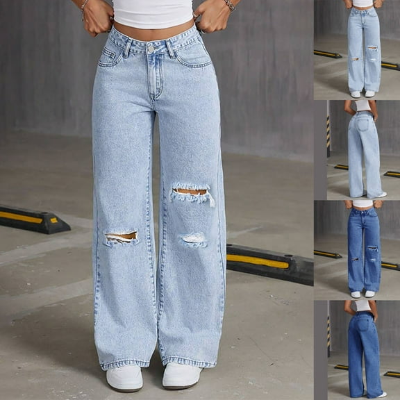 DDAPJ pyju Women's Ripped Jeans High Waist Straight Wide Leg Pants Distressed Cutout Denim Pants Dark Blue XL