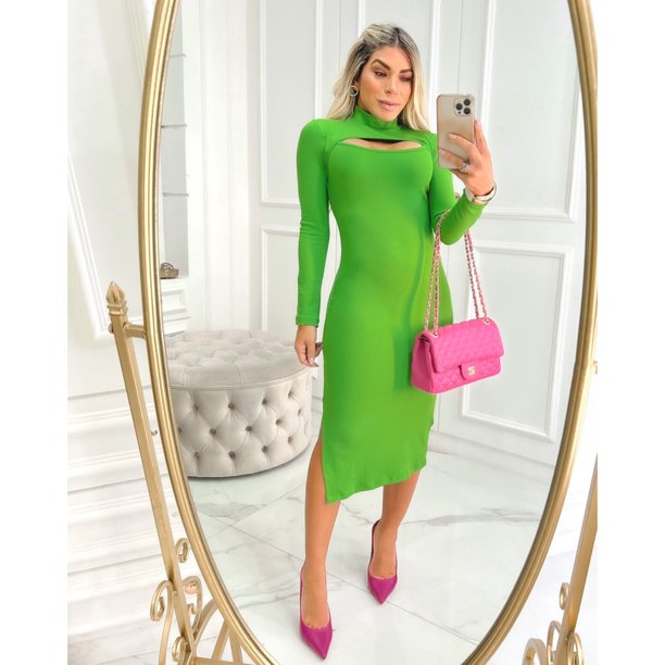 Vestido Manga Larga Acanalado Midi Tubinho Con Escote Frontal, Moda invierno 2023, Tendencia. Deng Xun unisex