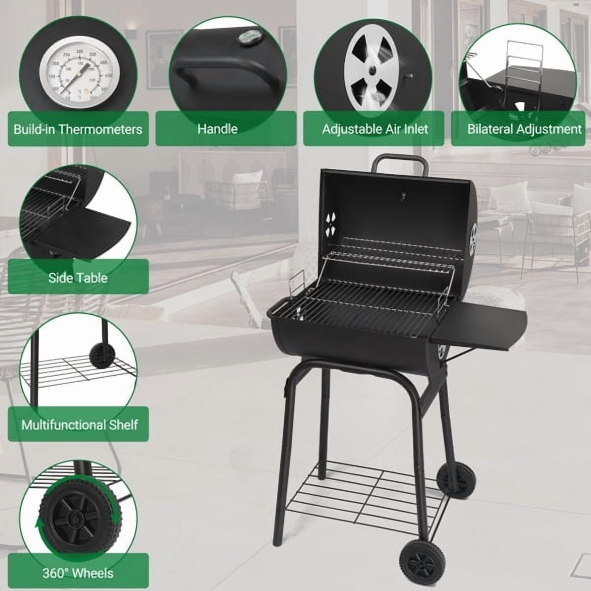34" Barrel Charcoal Grill with Side Table & Wheels - High-Temp Powder Coated Outdoor BBQ for Backyard, Camping, Patio & Party Cooking