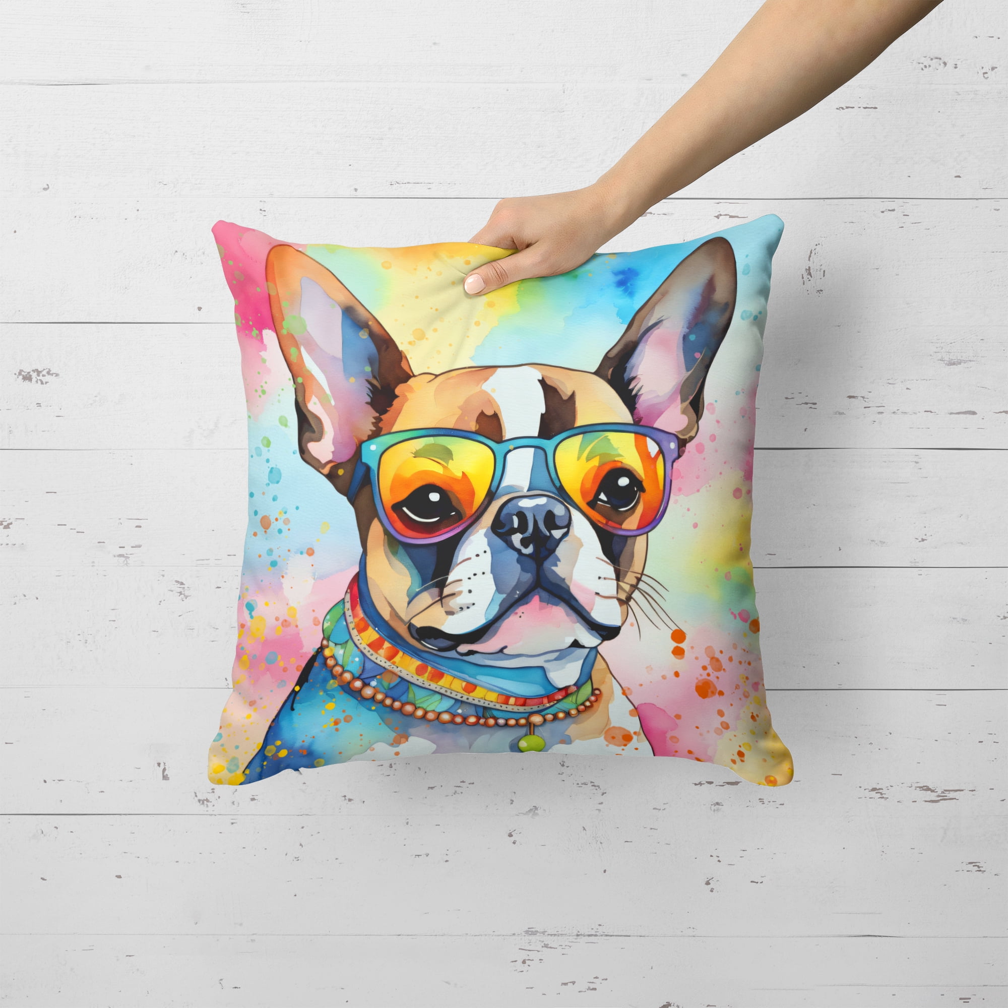 Boston Terrier Hippie Dawg Fabric Decorative Pillow 18 in x 18 in
