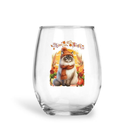 Happy Thanksgiving Ragdoll Give Thanks Fall Beanie Scarf Welcome 15oz Stemless Wine Glass Mug Cat Lover Kitten Owner Gifts Idea Wine Glasses Cup - 00020