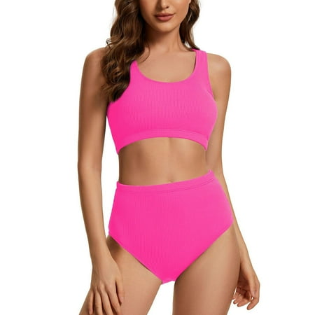 IDALL Tankini Swimsuits Bathing Suit Women s Solid Color Fashionable Casual Stripe Bikini Swimsuit Set Swim Suits for Women 2025 Womens Swimsuits Hot Pink 2XL