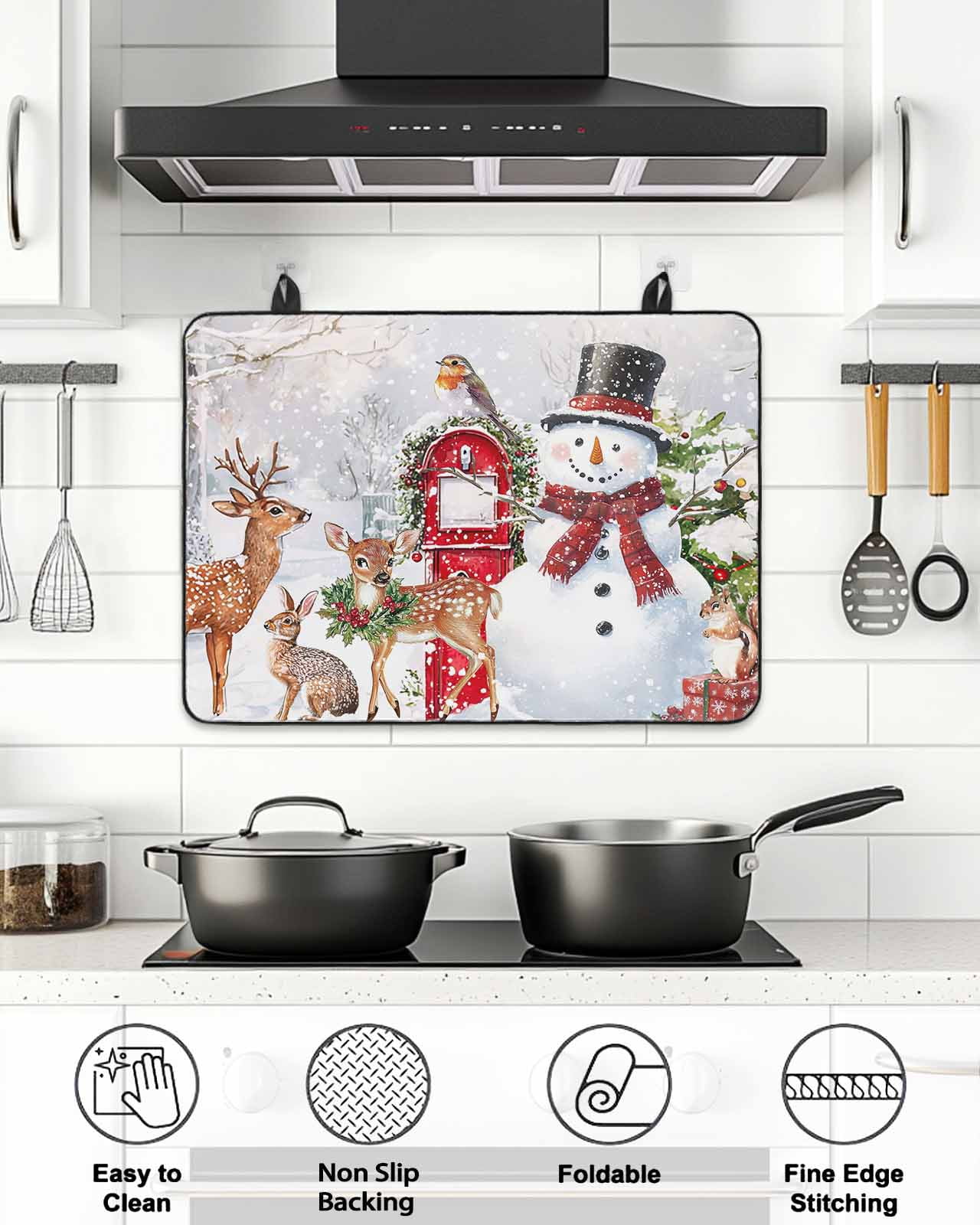 Christmas Xmas Stove Top Covers for Electric Stove, 28'x20'' Tree Snowman Deer Bird Red Balls Glass Ceramic Stove Cover Foldable Rubber Mat Heat Resistant Cooktop Protector for Kitchen