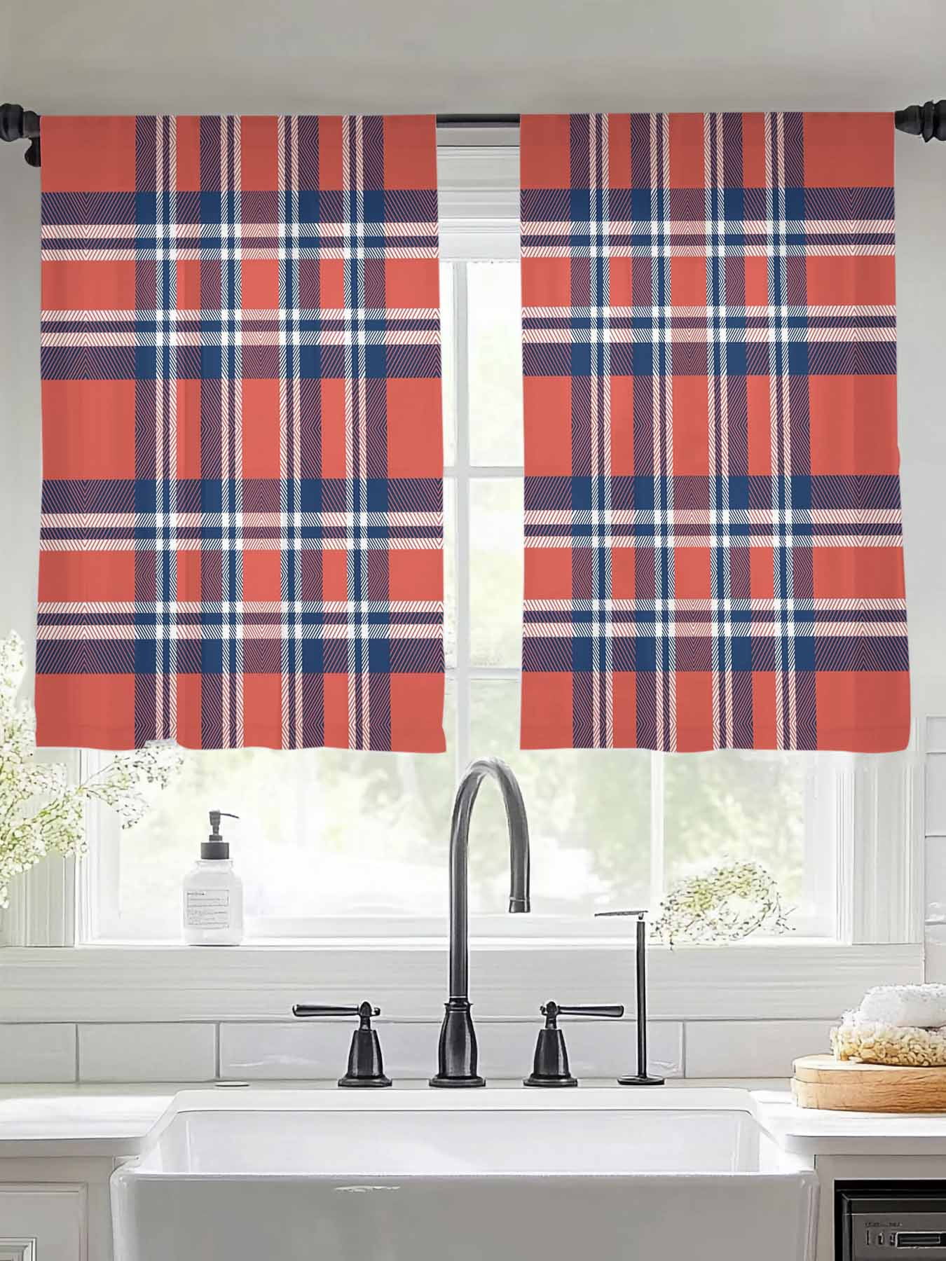 Orange And Sheer Curtains for Living Room Bedroom, Blue British Style Plaid Light Filtering Sheer Curtains, Rod Pocket Voile Window Drapes, 2 Panels Set 52"x 54"