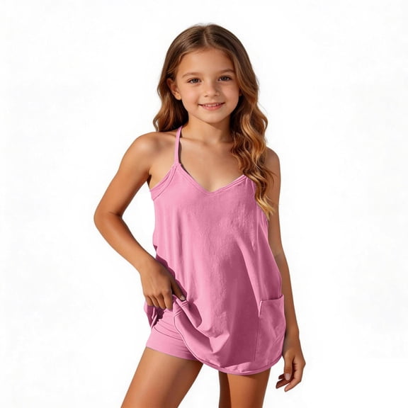 WQNVRNR Girls Strappy Jumpsuit- V-Neck Casual Tennis Dress Backless Sleeveless Athletic Romper Pink Size 12