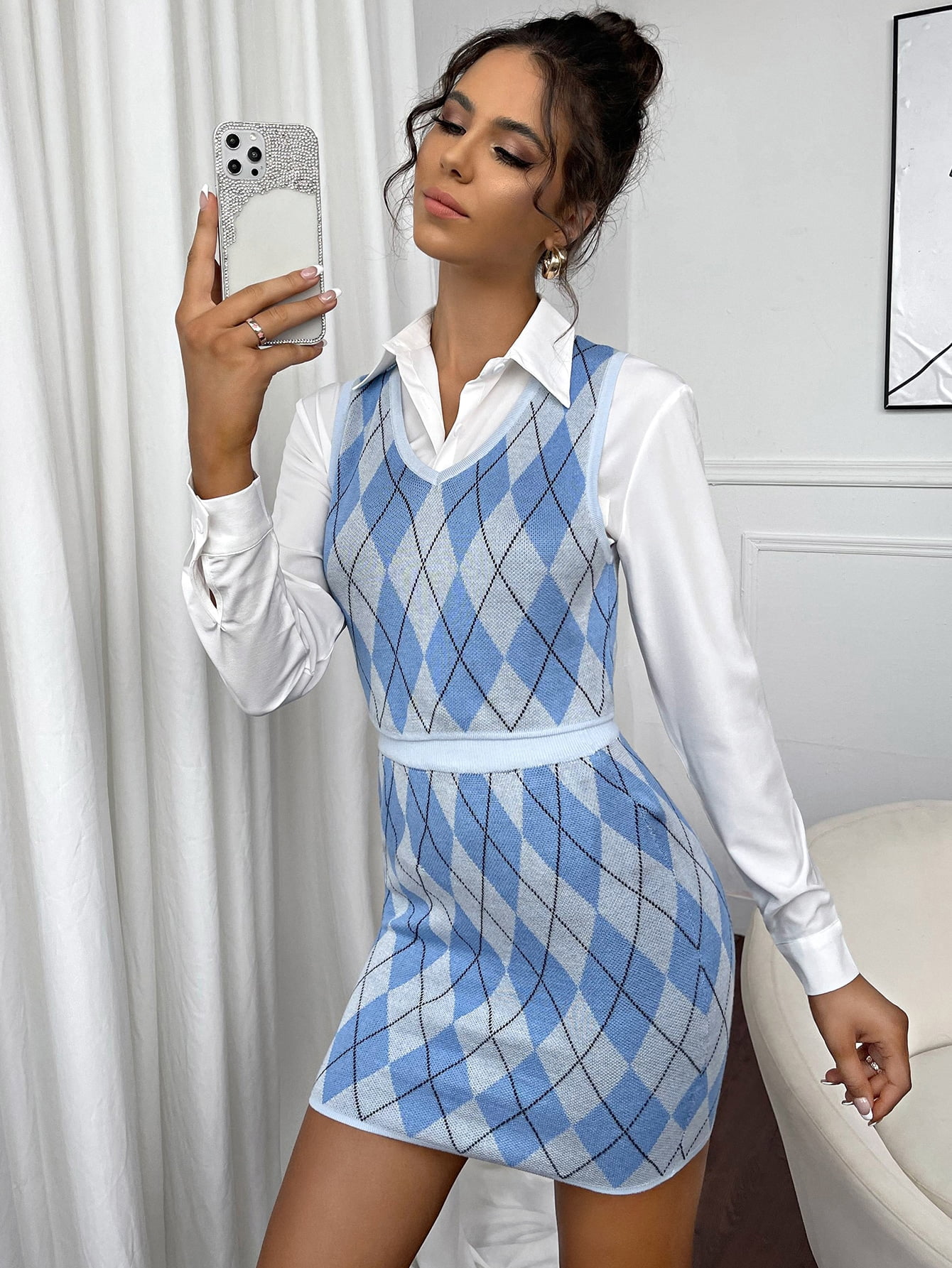 Women's V neck Argyle Sweater Vest Top 