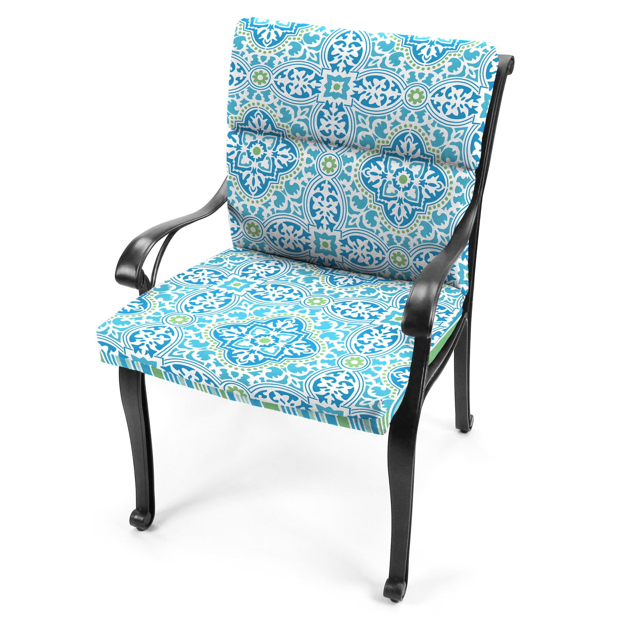 Jordan Manufacturing 44" x 22" Rave Turquoise Quatrefoil and Ferb Turquoise and Green Stripe Reversible Rectangular Outdoor Chair Cushion with Ties and Hanger Loop