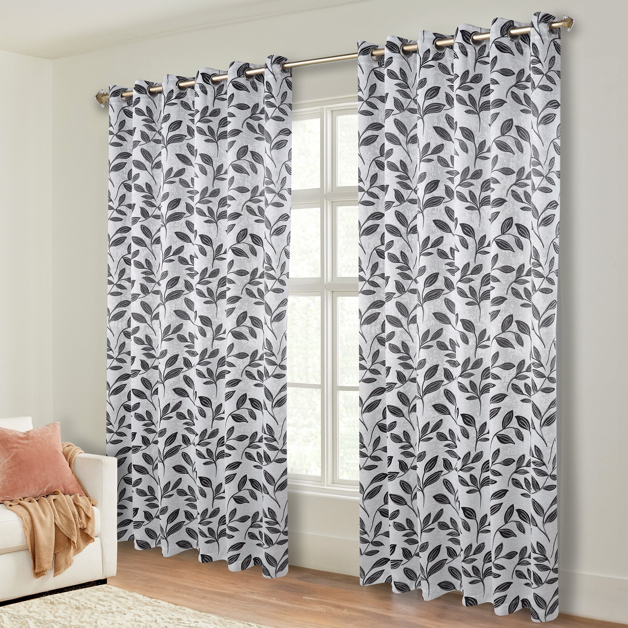 Superior Blackout Leaves Curtains Set of 2, Light Filtering Grommet Curtain Panel Set, Silver-Black, 70"W x 96"L