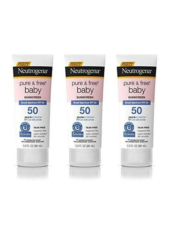Neutrogena Pure & Free Baby Mineral Sunscreen Lotion with Broad Spectrum SPF 50 & Zinc Oxide, Water-Resistant, Hypoallergenic & Tear-Free Baby Sunscreen, 3 fl. oz, 3 pk