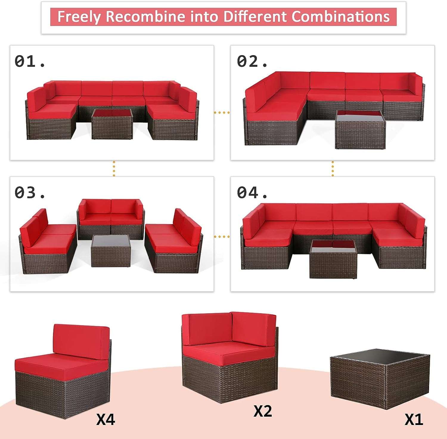 Danrelax 7 Pc Outdoor Patio Sectional Set, Red and Black Red Steel with Cushions