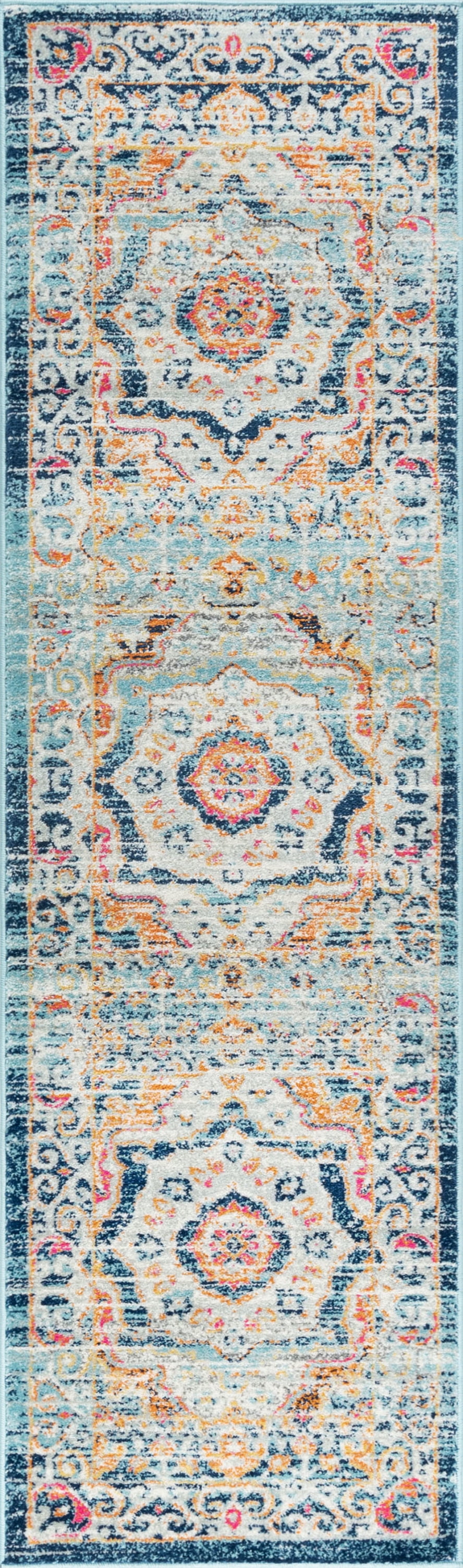 Transitional 2x8 Area Rug (2'3'' x 7'6'') Medallion Pink, Navy Indoor Runner Easy to Clean