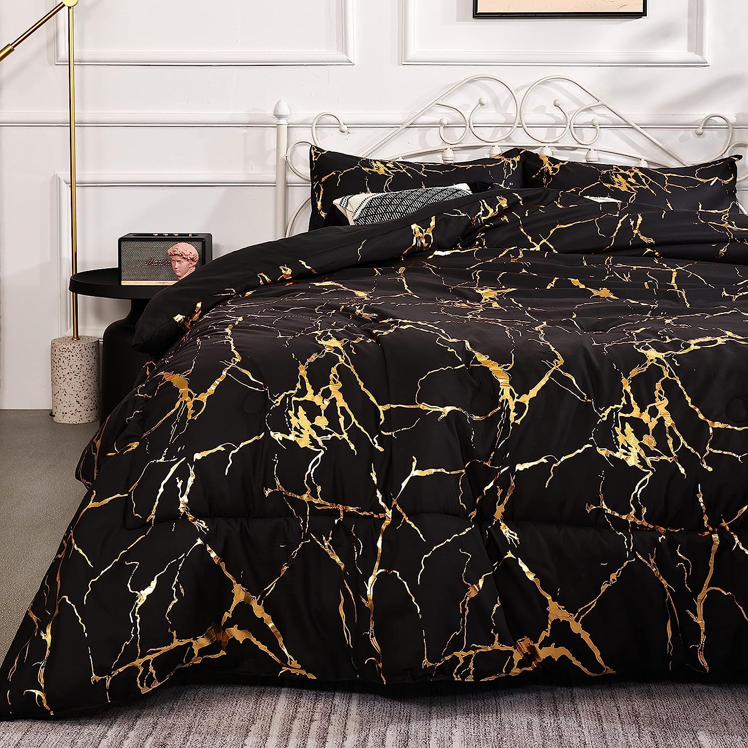 Black and Gold Metallic Marble Comforter Full Bed Set Luxury Glitter Bedding for Men and Women