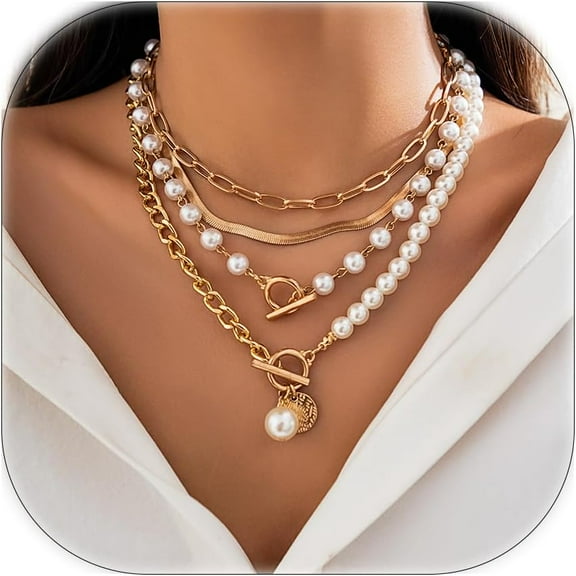 Trendy Pearl Necklaces for Women Pearls Statement Necklace Chunky Necklaces Layered Paperclip Necklace Adjustable Long Necklace