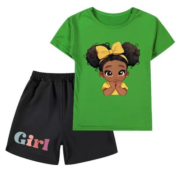 CYRBOKO Outfit Sets for Toddler Girls, Comfy Short Sleeve Cotton Elastic Waist Graphic Tee and Shorts Army Green Size 3-4 T