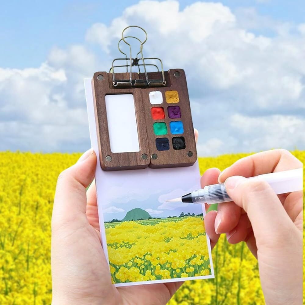 Pocket Artist Watercolor Travel Set, Pocketartist Drawing Board Paint Palette Travel Kit, Mini Portable Watercolor Travel Set Painter's Palette with Brush and Sketchbook (8 Grid)