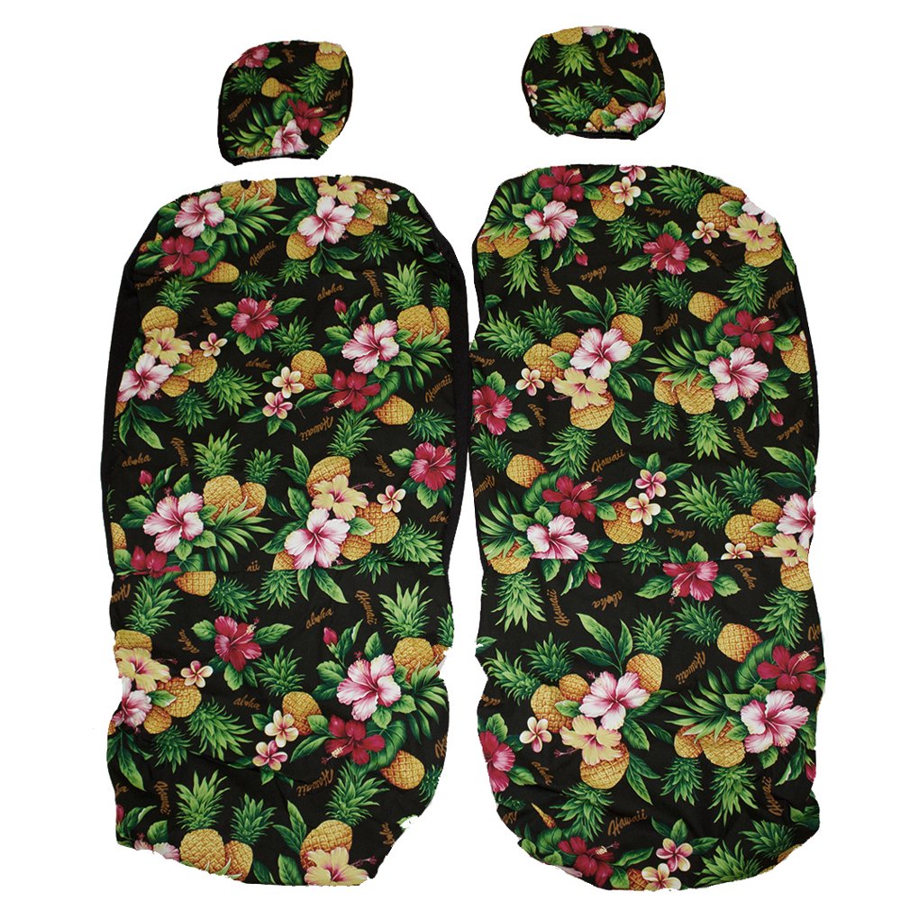 Hawaiian Car Seat Covers with Separated Headrest, Black Plumeria Set of