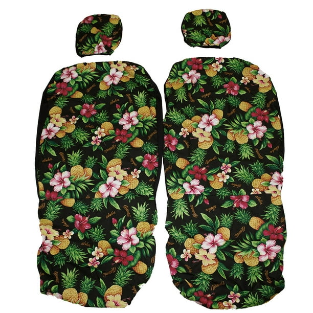 Hawaiian Car Seat Covers with Separated Headrest, Black Plumeria Set of