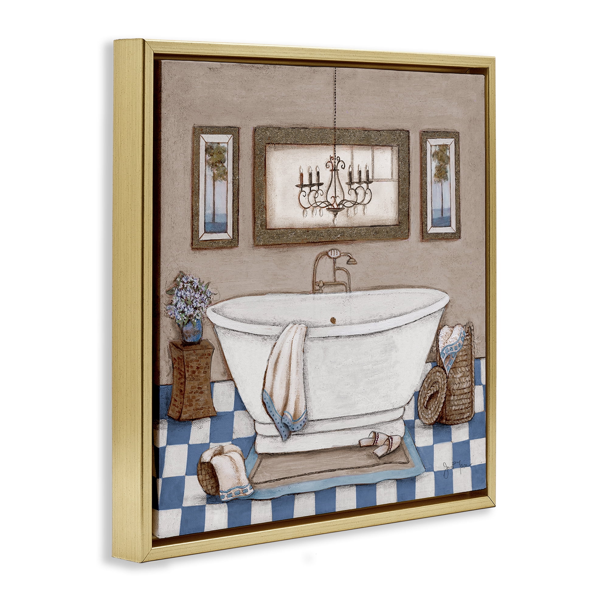 Stupell Industries Checkered Bathroom & Chandelier Gold Framed Floater Canvas Wall Art, design by Janet Tava