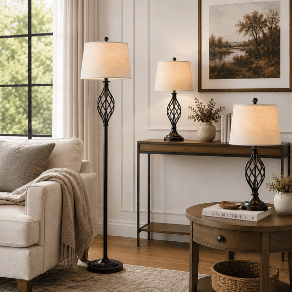 Maxax 3-Piece Lamp Set - Traditional Table Lamps & Floor Lamp with Oatmeal Fabric Shade, ETL Listed
