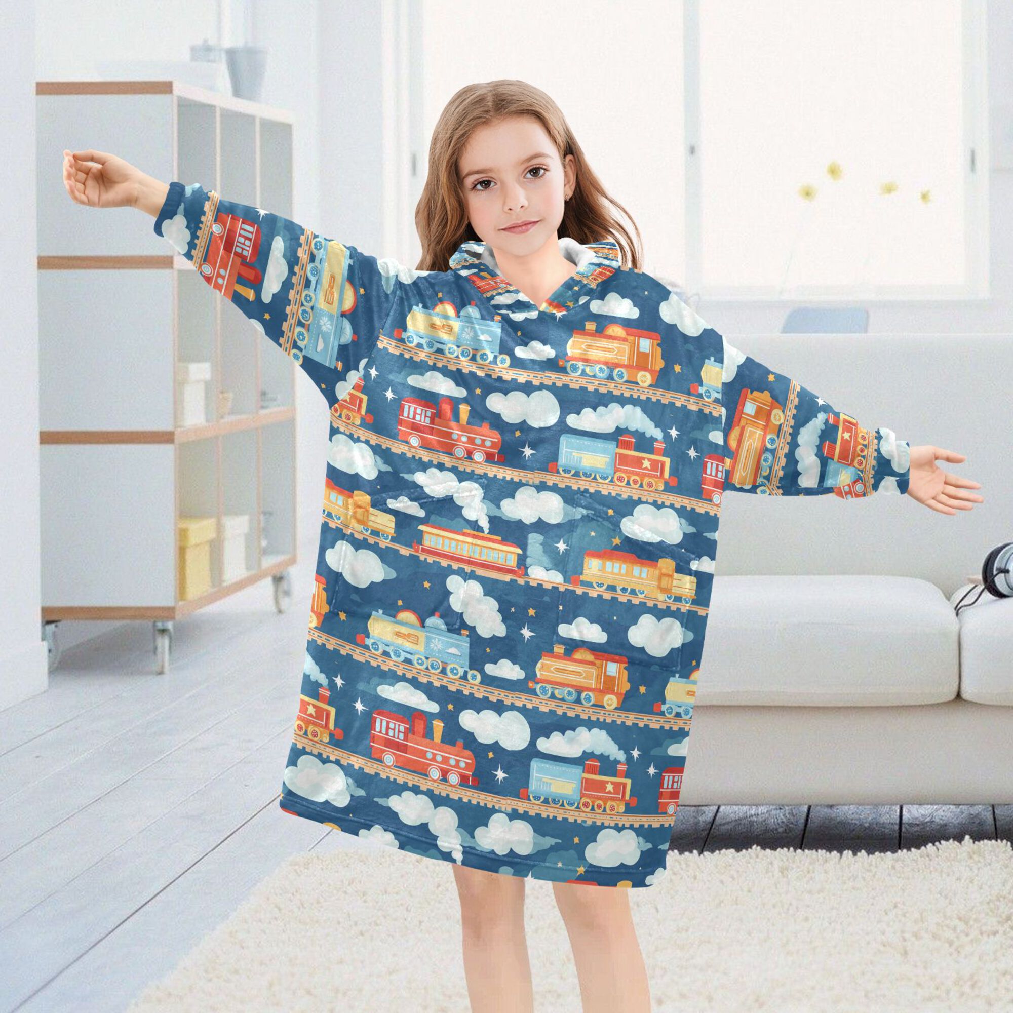 FORMRS Wearable Blanket Hoodie with Sleeves for Kids Cozy Flannel Sweatshirt, Blue Cute Train Pattern