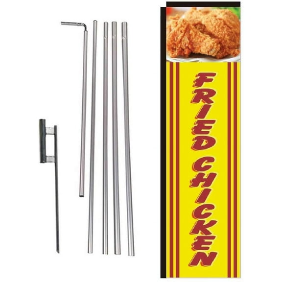 Fried Chicken Rectangle Feather Banner Flag Sign with Pole Kit and Ground Spike for Restaurants, Markets, Business Owners
