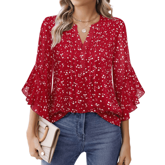 SOMER Women’s Flowy Tops Business Work Top 3/4 Sleeve Blouses V-Neck Summer Dressy Casual Shirts Red