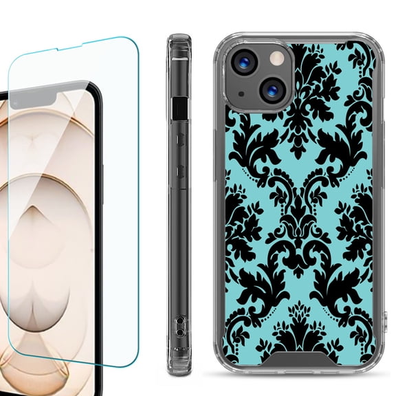 Shockproof Bumper Phone Case for iPhone 13, with Tempered Glass Screen Protector, by OneToughShield ® - Victorian Blue/Black