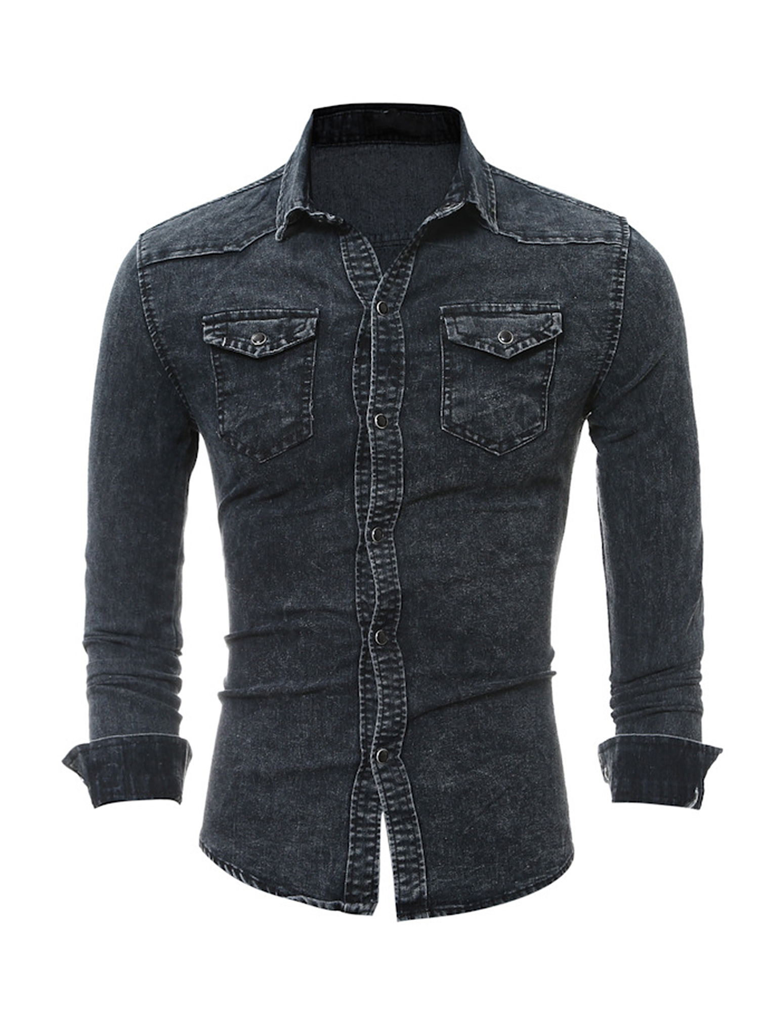 Men's Cotton Cowboy Denim Shirt Snap Button Up Long Sleeve Casual Slim ...