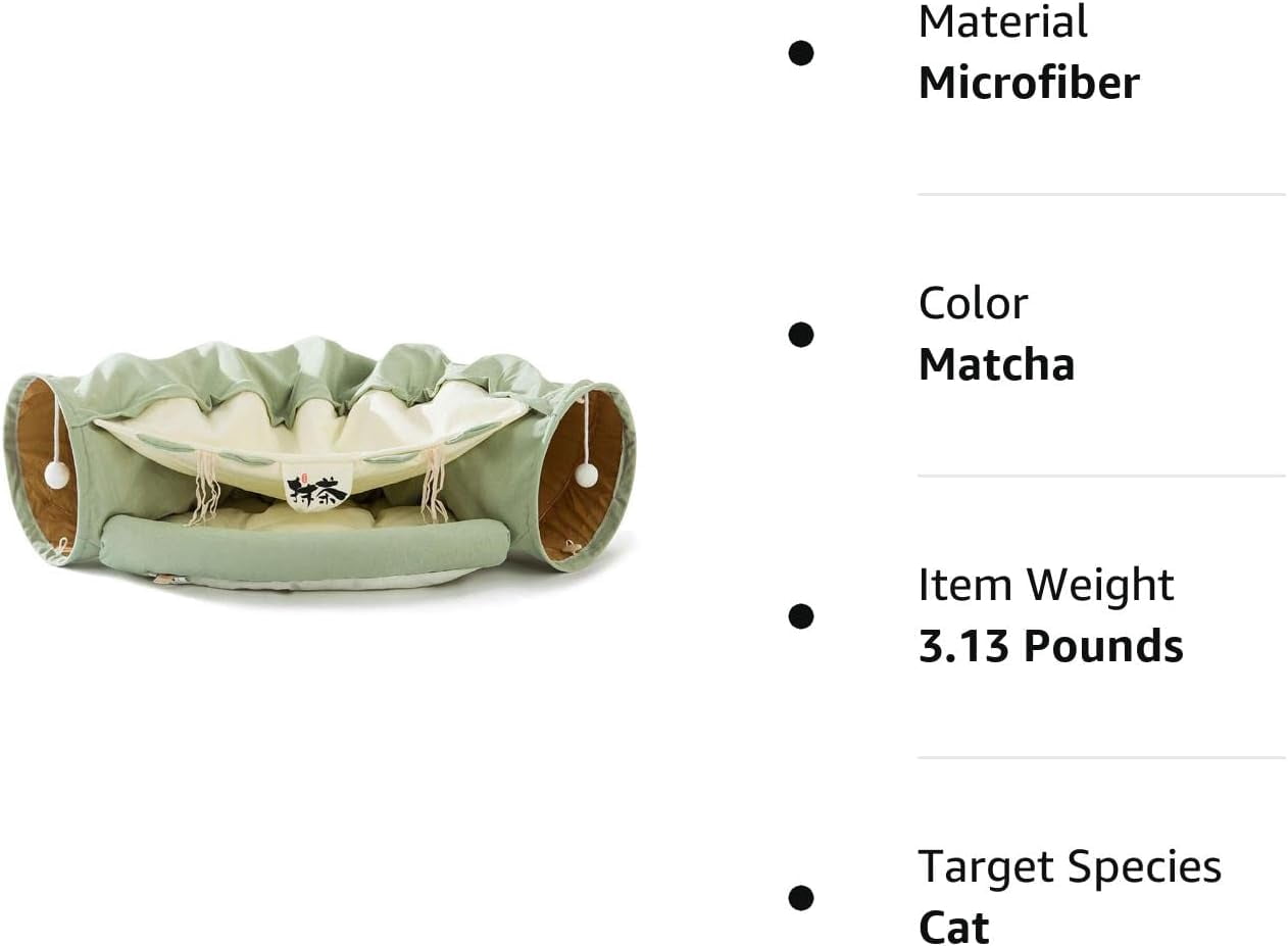 Tunnel for Indoor, Tube with Collapsible Washable Bed,Cat Bed for Small Medium Large cat.(Matcha)
