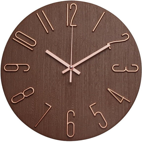 Wall Clock 12 Inch Silent Non-Ticking Imitation Wood Indoor Clock Round Decor Clock Modern 3D Figures Quartz Wall Clocks for Home, Hotel, Office, School, Bedroom, Living Room, Kitchen
