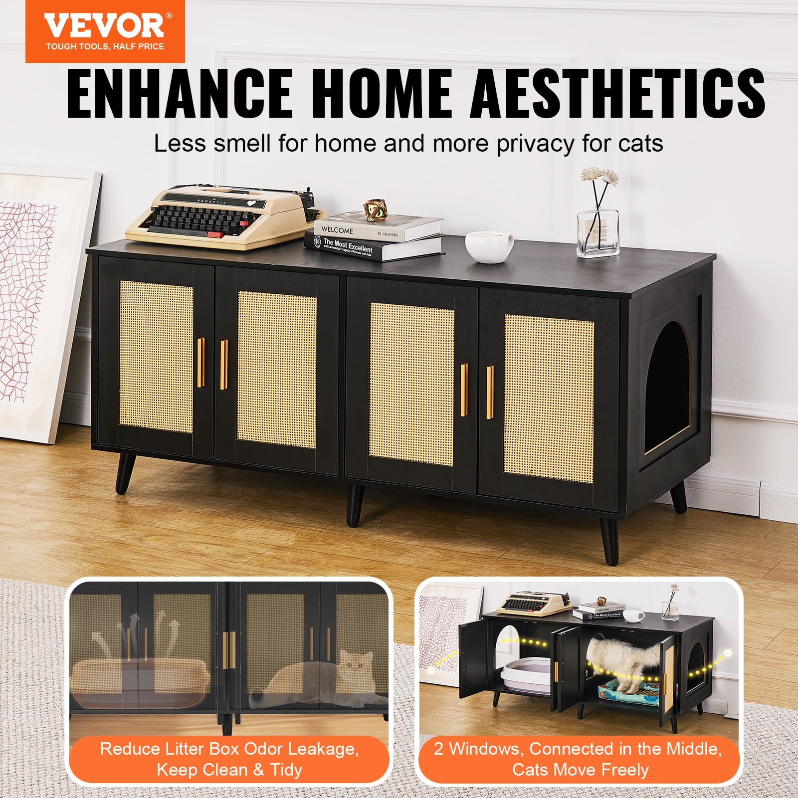 VEVOR Cat Litter Box Enclosure for 2 Cats, Litter Box Furniture Hidden with Rattan Decorated Doors, Wooden Cat Box Cabinet Fit Most of Litter Box, 47.2"L x 19.7"W x 21.7"H, Black