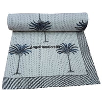 Palm Tree Kantha Quilt Reversible Blanket Hand Block Print Bedspread Handmade Cotton Bedsheet Indian Kantha Coverlet Vintage Bedding Throw