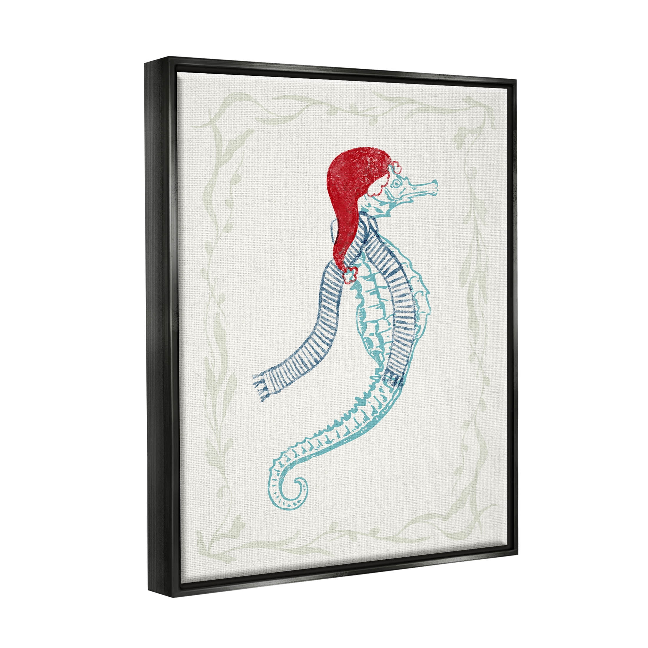 Coastal Christmas Seahorse Santa Holiday Graphic Art Jet Black Framed Art Print Wall Art