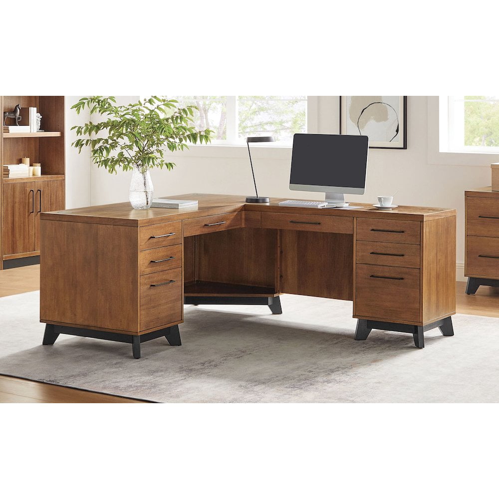 Modern Double Pedestal L-Desk Wood Office Desk Rich Medium Brown