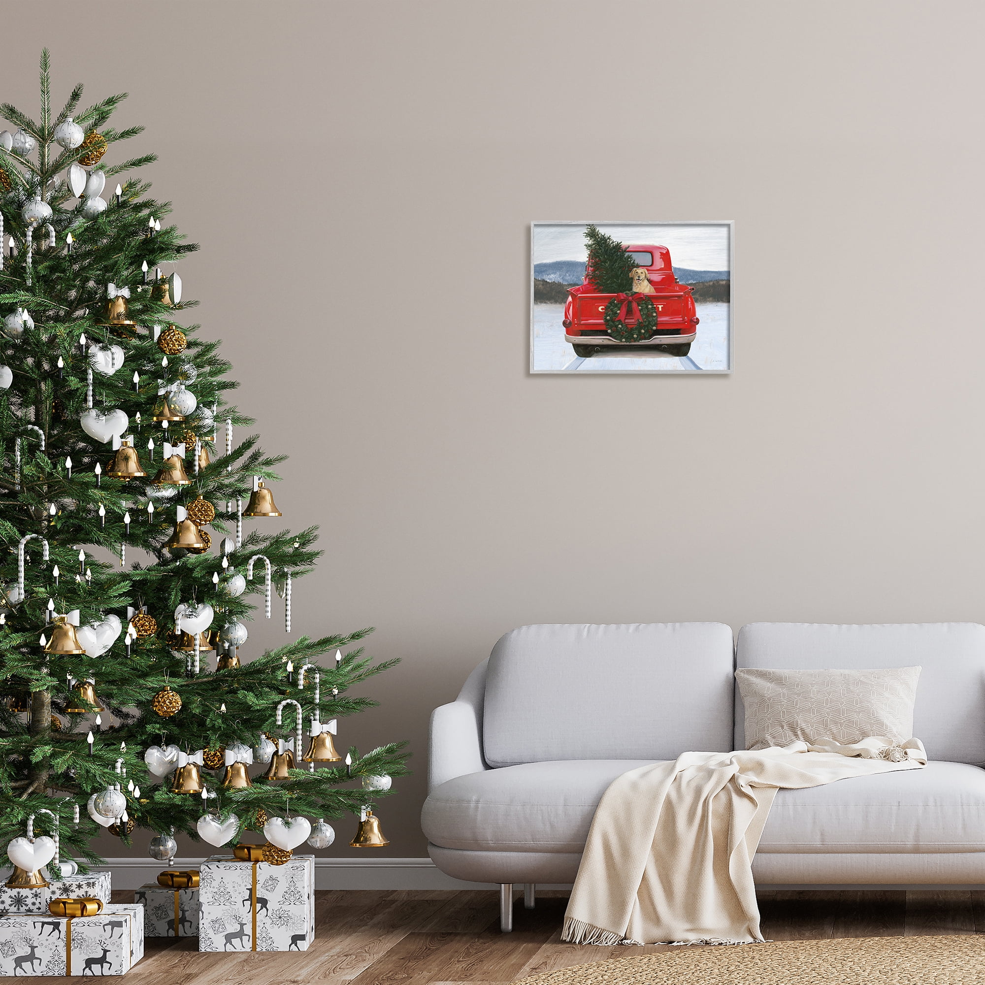 Stupell Industries Holiday Tree in Truck Holiday Painting Gray Framed Art Print Wall Art, 20 x 16