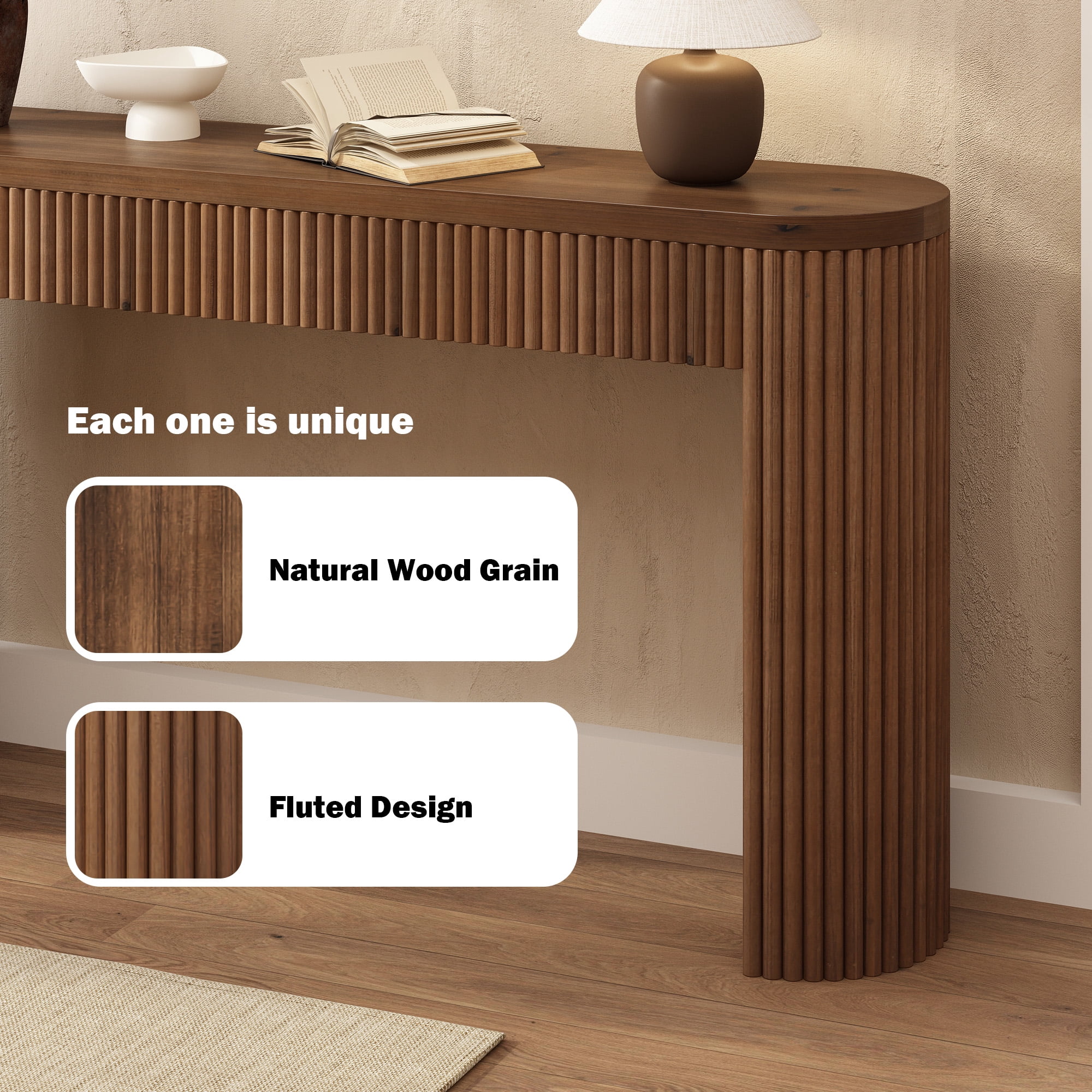 55'' Solid Wood Fluted Console Table with Drawer, Narrow Entryway Table Behind Couch for Living Room Hallway, Brown