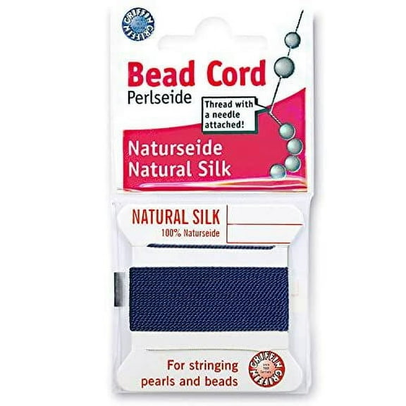Griffin Silk Bead Cord Perlseide – Dark Blue Color – Size 3 (0.50mm) – 2 Meters per Card – Stainless Steel Needle Attached – for Knotting Pearls, Gemstones, Crystals and Beads