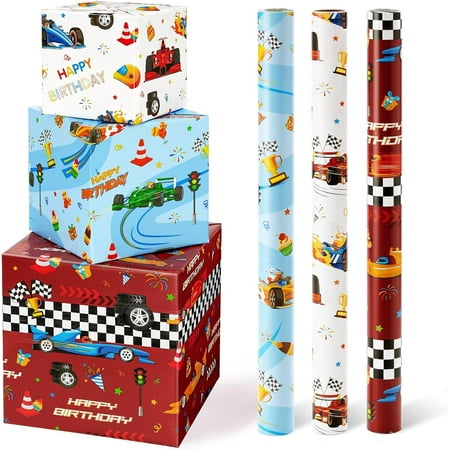 A house of tools Race Car Wrapping Paper Rolls - 3 Short Rolls 17 in x 120 in Racing Car for Kids Boy Birthday Truck Car Theme Party Gift Packing Supply Red Blue White Wrapping Paper with Cut Lines
