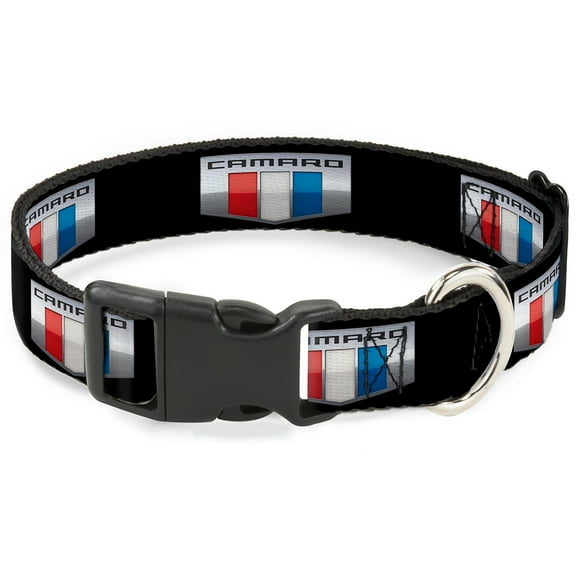 GM General Motors Pet Collar, Dog Collar Plastic Buckle, Camaro Six Badge Black Silver Red White Blue, 7 to 8.5 Inches 0.5 Inch Wide