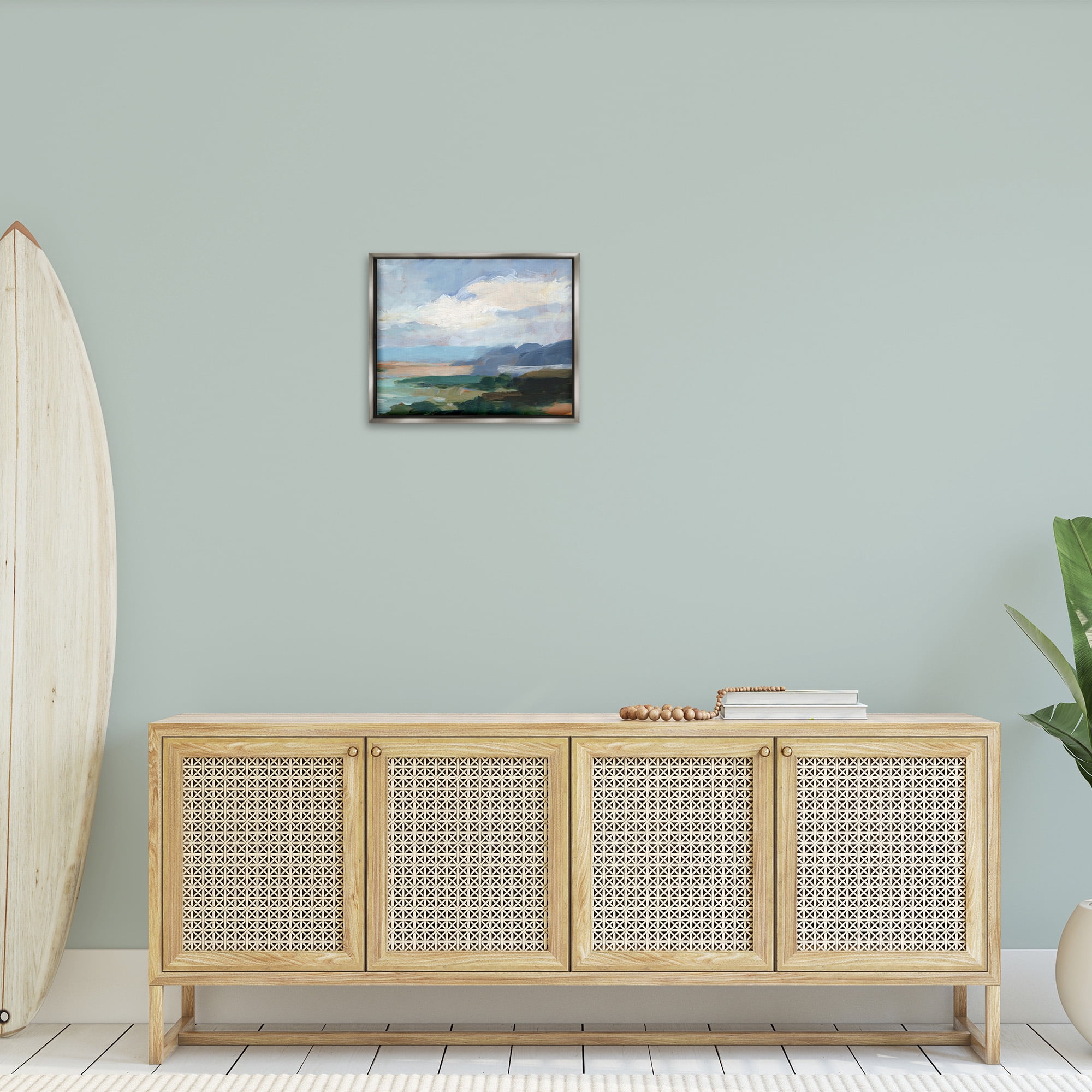 Stupell Industries Traditional Cloudy Beach Landscape Painting Gray Floater Framed Canvas Art Print Wall Art, 21 x 17