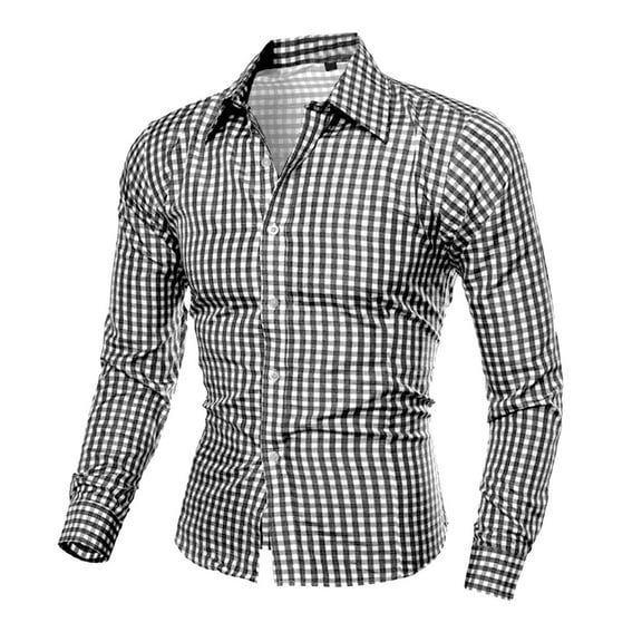 LNWUY Men's Stretch Plaid Long Sleeve Turndow Collar Button Down Shirt Slim Fit Business Casual Dress Shirts Blouses Top Black M