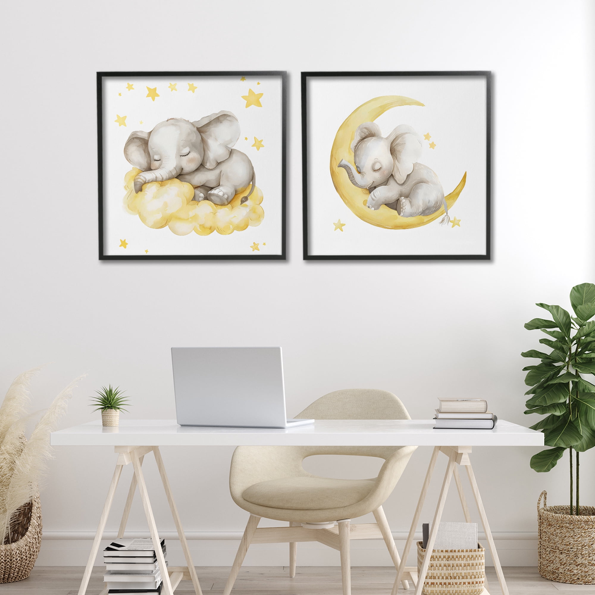 Stupell Industries Sleeping Elephant Moon and Clouds 2 Piece Black Framed Giclee Art Set, design by LSR Design Studio