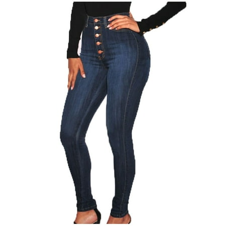Biking Women Solid Color Long Jeans Classic High Waist Denim Skinny Jeans Dark Blue M