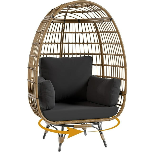 Silla Huevito Sobredimensionada con Giro 360°, Silla de Rattan con 4 Cojines Gruesos, Diseño para Exterior y Todo Clima, Capacidad 350 lbs