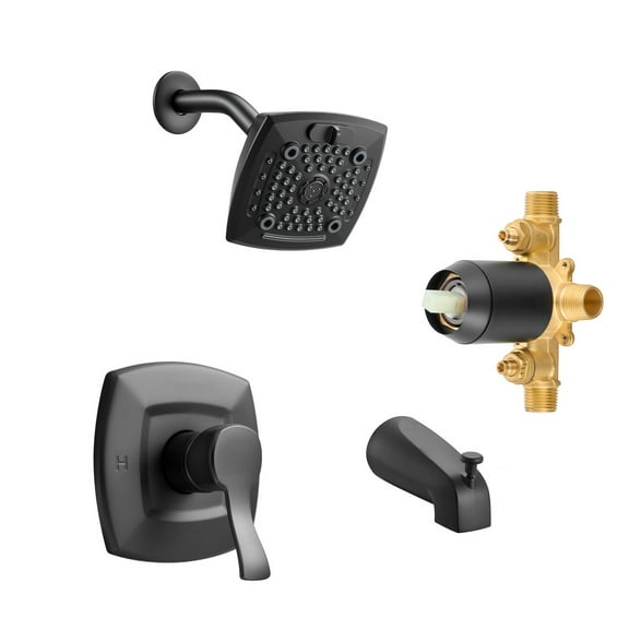 KFFKFF Tub and Shower Faucet Set with 5.1-Inch Rainfall Shower Head, Bathtub Spout, 5 Spray Modes, Single-Handle Trim Kit, and Brass Pressure Balance Valve, Matte Black