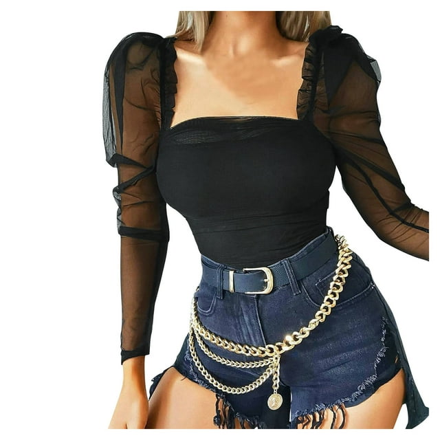 Pompotops Women's Fashion Mesh Sheer Sleeve Square Neck Top Puff Sleeve Slim Fit Blouse