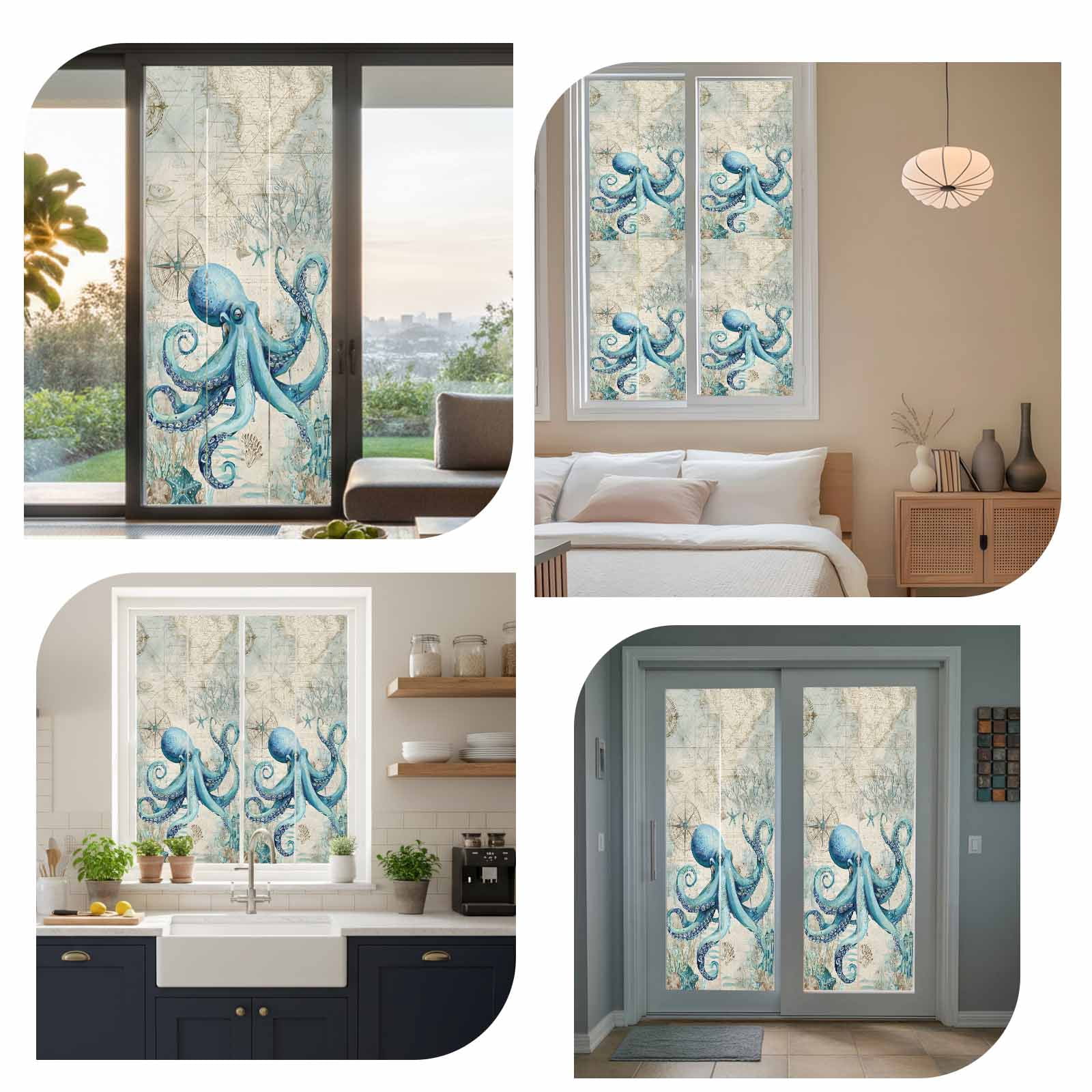 Summer Nautical Window Privacy Film, Teal Octopus Ocean Corals Compass Retro Brown Frosted Glass Window Clings Static Cling UV Heat Blocking Reusable Door Sticker for Bathroom 23.6 x 59 Inch