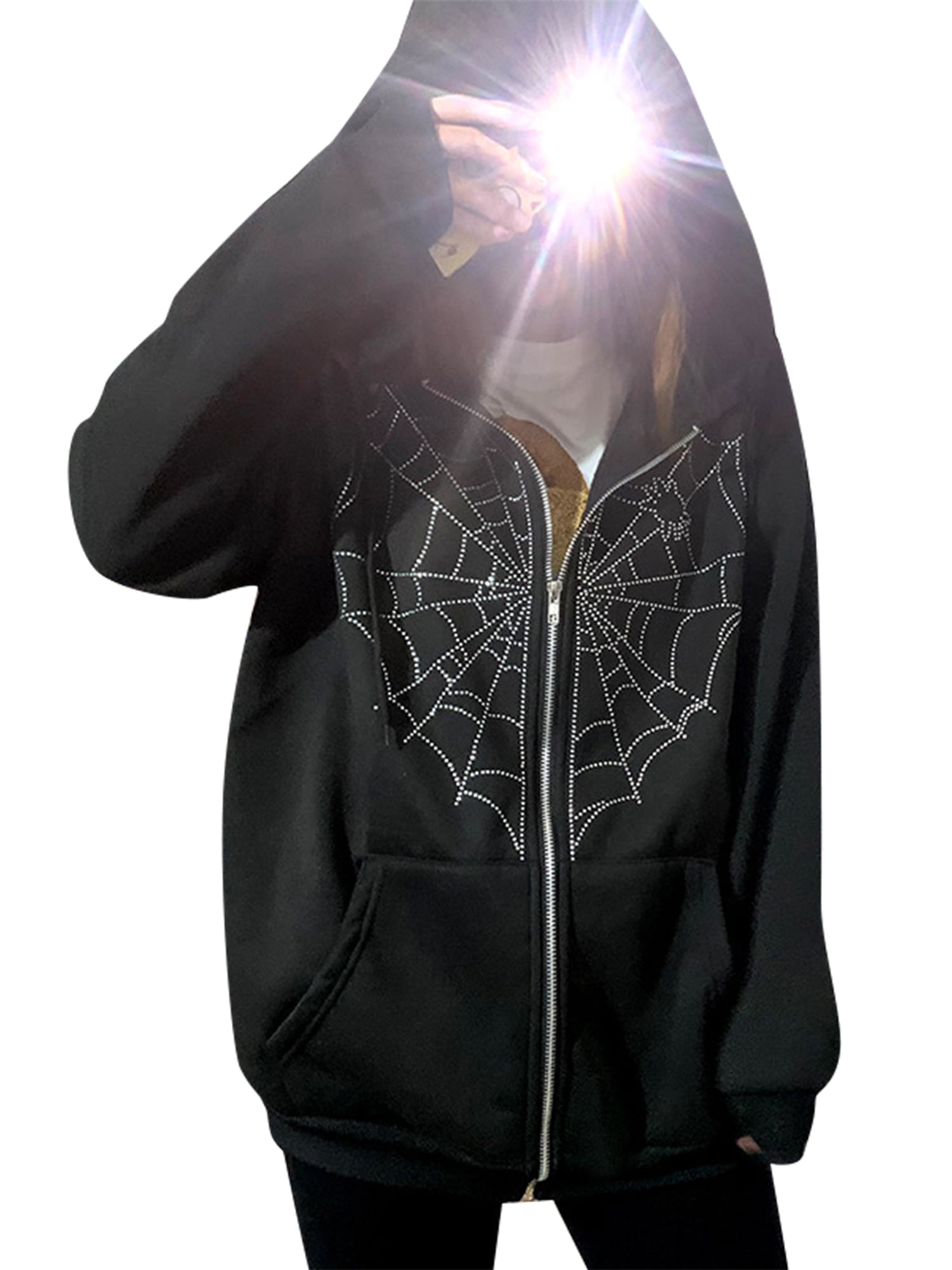 Aunavey Womens Goth Long Sleeve Hooded Jacket Spider  Zip Up Outwear